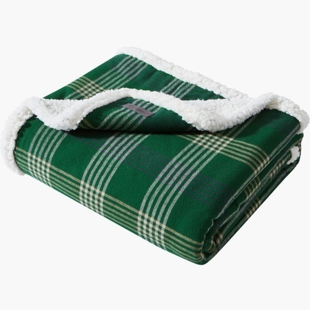 🆕Eddie Bauer Plaid Flannel Faux Shearling Throw Blanket